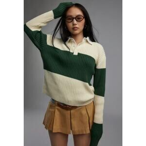 LIONESS Prince Rugby Top Shirt Sweater in Moss Stripe Small